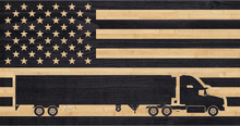 Load image into Gallery viewer, American trucker over top American flag, charred wood flag, semi truck charred american wood flag