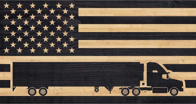 American trucker over top American flag, charred wood flag, semi truck charred american wood flag
