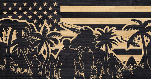 Soldiers in Vietnam jungle overlaid on US flag