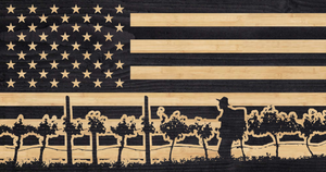 farmer walking through his vineyard overlaid on US flag, farmer flag, support local farmers, charred wood rustic american flag