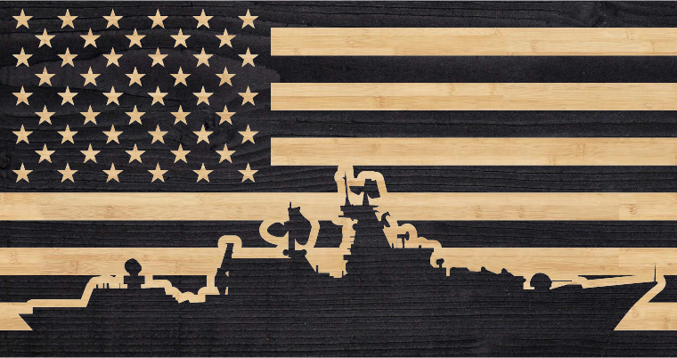 Military ship at bottom of American flag