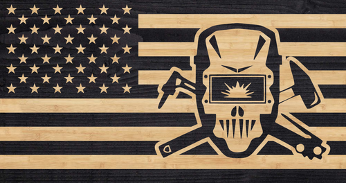 Welder emblem overlaid on American flag