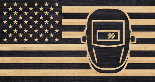 Welding mask overlaid on US flag